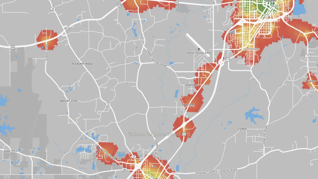 Walk Grade map of Pendorff, MS, walkable areas in green and car-dependent areas in red