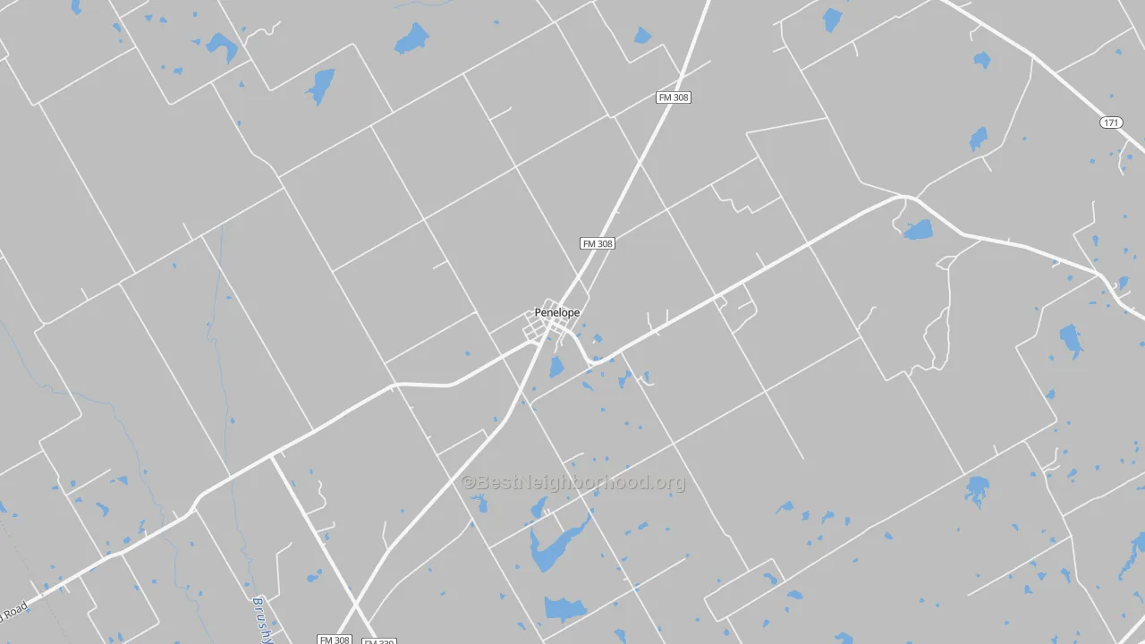 Walk Grade map of Penelope, TX, walkable areas in green and car-dependent areas in red