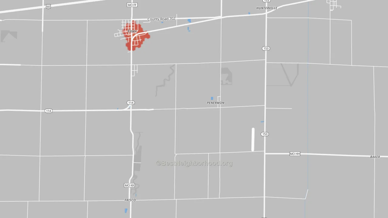 Walk Grade map of Penermon, MO, walkable areas in green and car-dependent areas in red