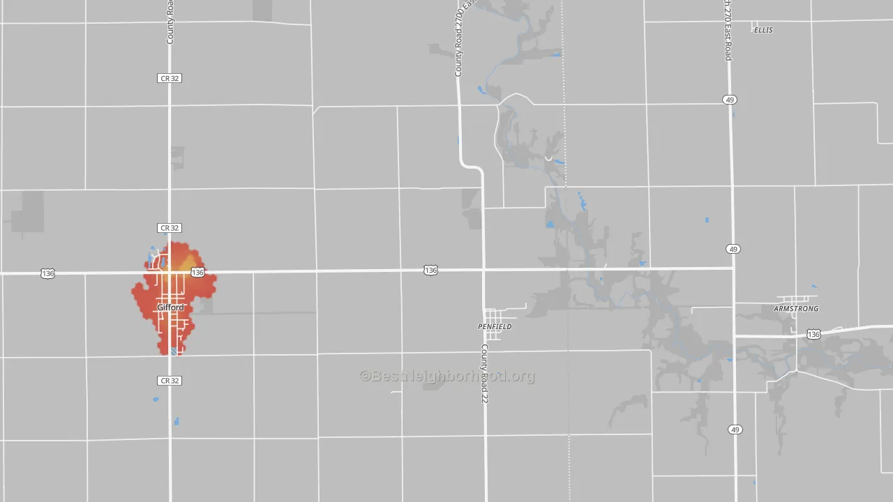 Walk Grade map of Penfield, IL, walkable areas in green and car-dependent areas in red