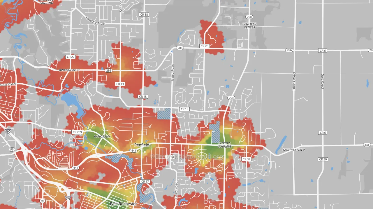 Walk Grade map of Penfield, NY, walkable areas in green and car-dependent areas in red