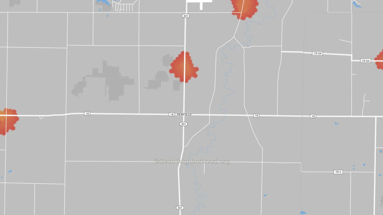 Walk Grade map of Penfield, OH, walkable areas in green and car-dependent areas in red