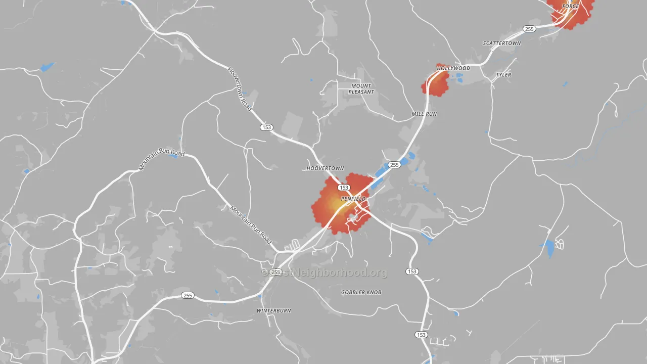 Walk Grade map of Penfield, PA, walkable areas in green and car-dependent areas in red