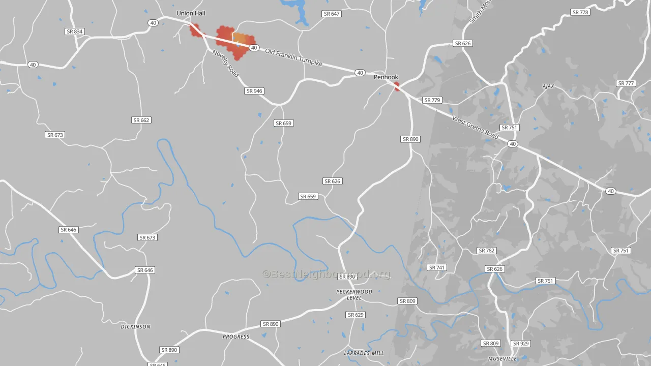 Walk Grade map of Penhook, VA, walkable areas in green and car-dependent areas in red