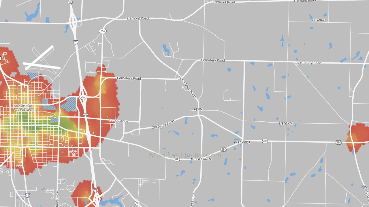 Walk Grade map of Penia, GA, walkable areas in green and car-dependent areas in red
