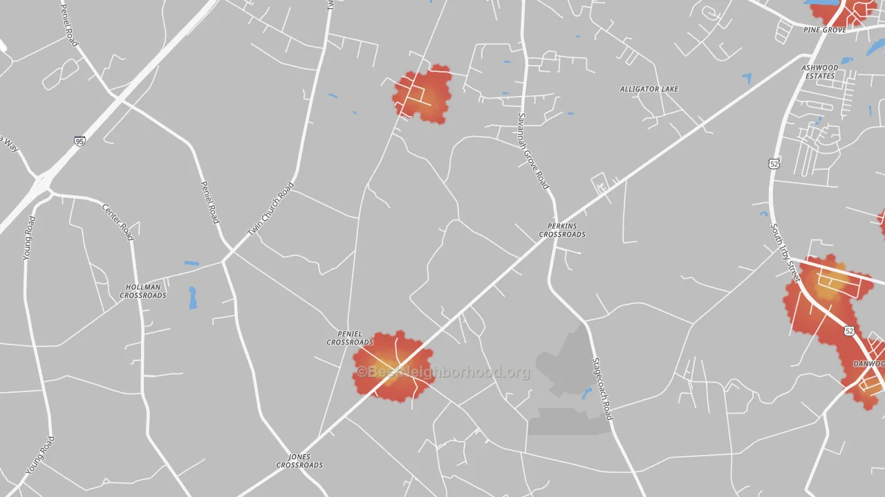 Walk Grade map of Peniel Crossroads, SC, walkable areas in green and car-dependent areas in red