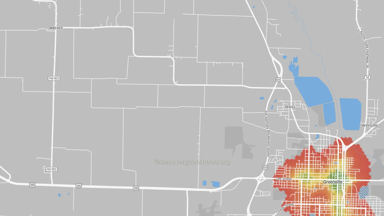 Walk Grade map of Peniel, TX, walkable areas in green and car-dependent areas in red
