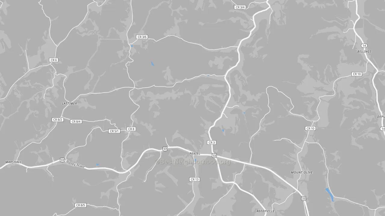 Walk Grade map of Peniel, WV, walkable areas in green and car-dependent areas in red