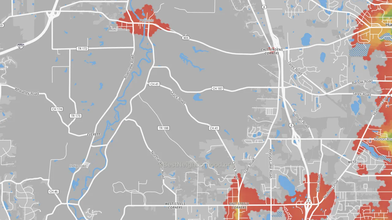 Walk Grade map of Peninsula, OH, walkable areas in green and car-dependent areas in red
