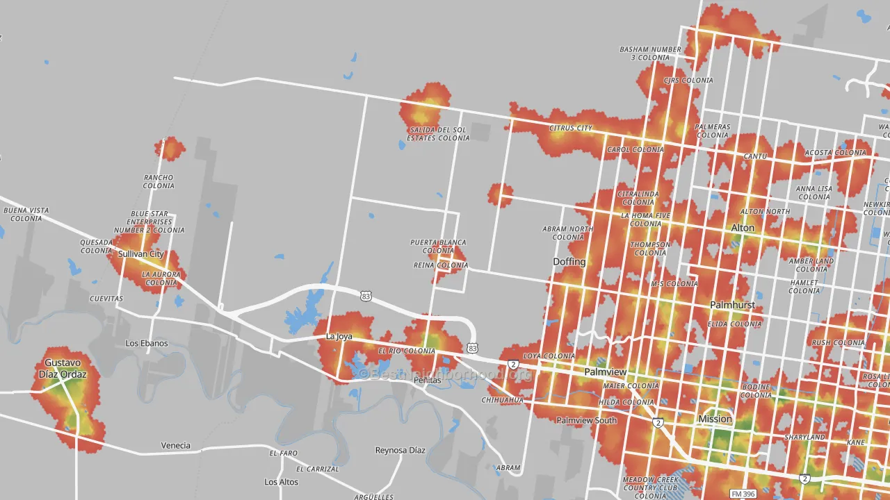 Walk Grade map of Penitas, TX, walkable areas in green and car-dependent areas in red