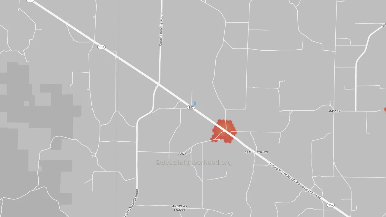 Walk Grade map of Penn, AL, walkable areas in green and car-dependent areas in red