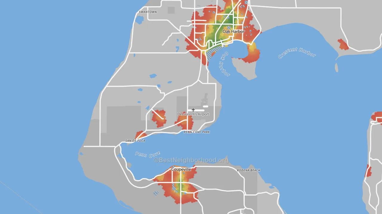 Walk Grade map of Penn Cove Park, WA, walkable areas in green and car-dependent areas in red