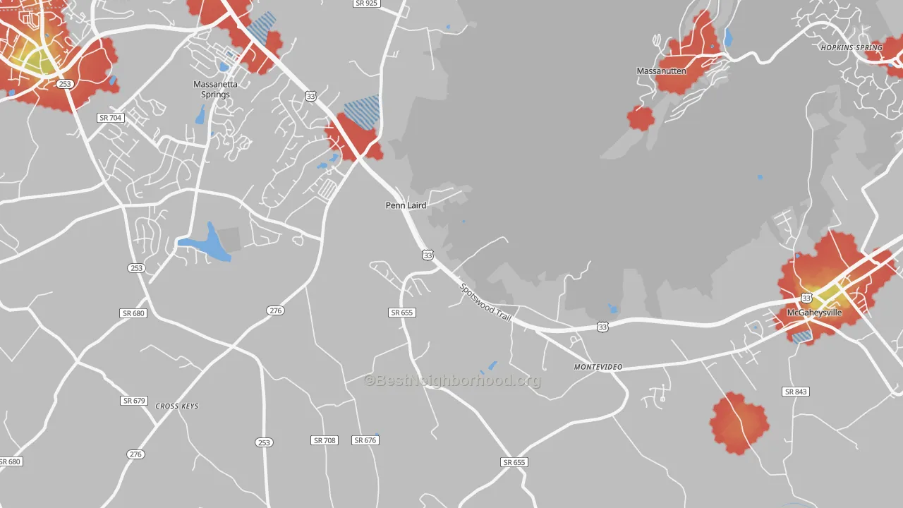 Walk Grade map of Penn Laird, VA, walkable areas in green and car-dependent areas in red