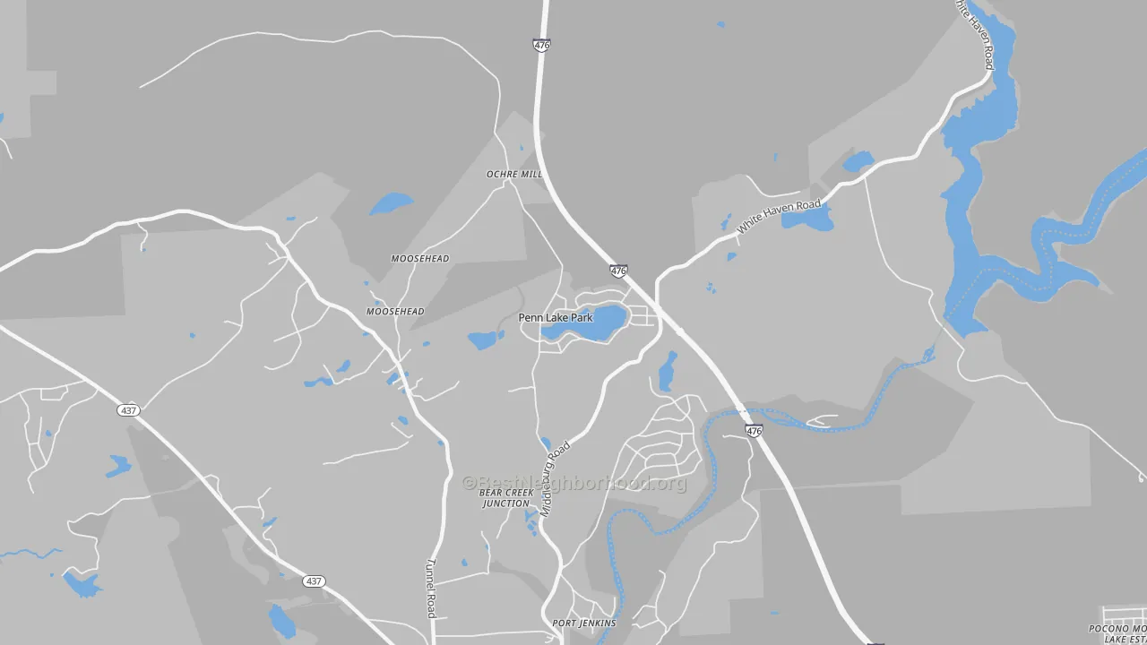 Walk Grade map of Penn Lake Park, PA, walkable areas in green and car-dependent areas in red