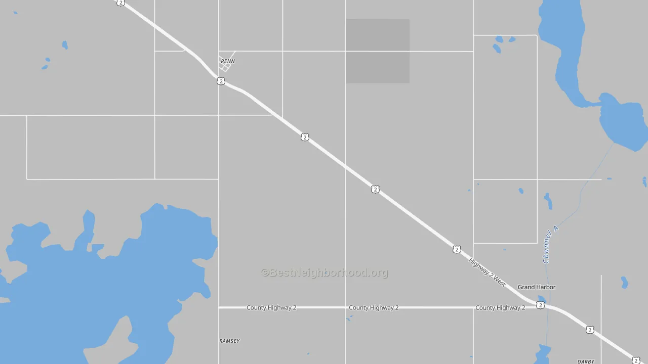 Walk Grade map of Penn, ND, walkable areas in green and car-dependent areas in red