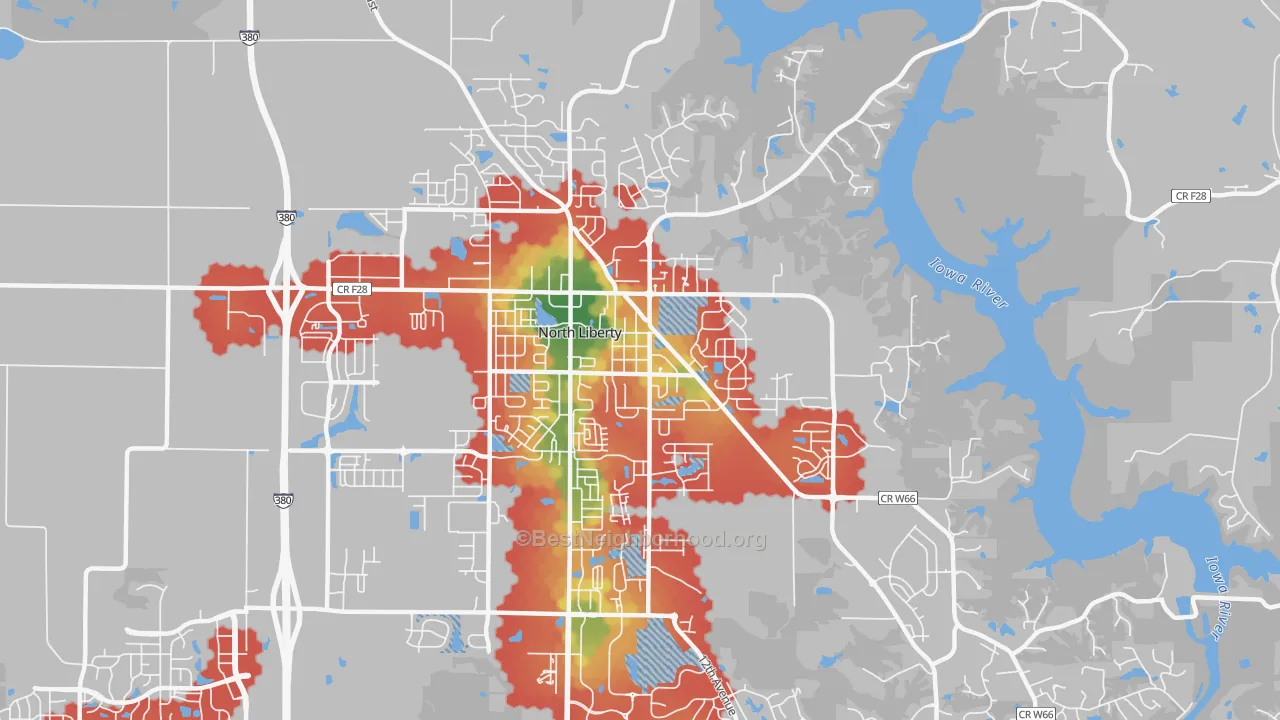 Walk Grade map of Penn, North Liberty, IA, walkable areas in green and car-dependent areas in red