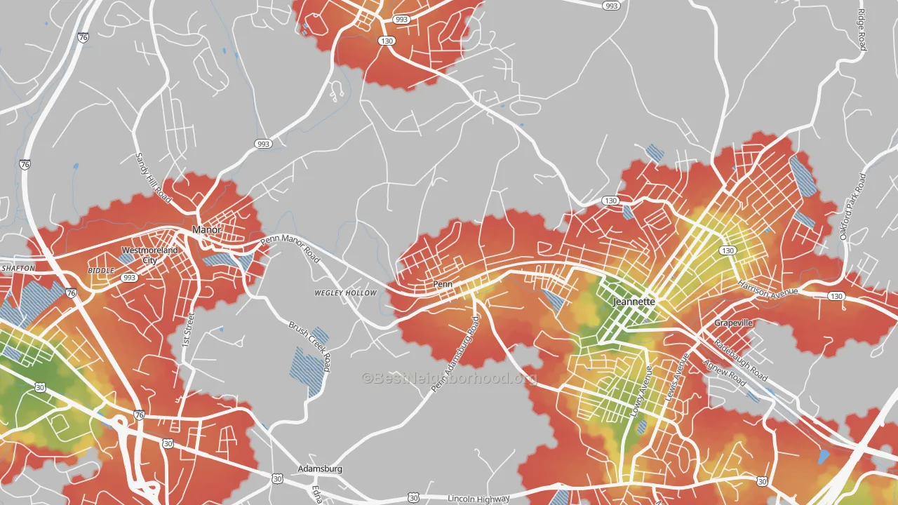 Walk Grade map of Penn, PA, walkable areas in green and car-dependent areas in red
