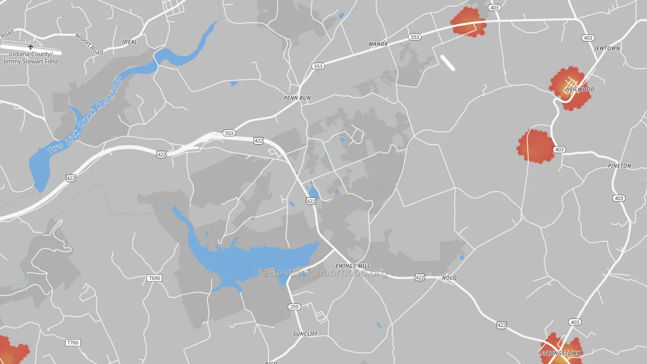 Walk Grade map of Penn Run, PA, walkable areas in green and car-dependent areas in red