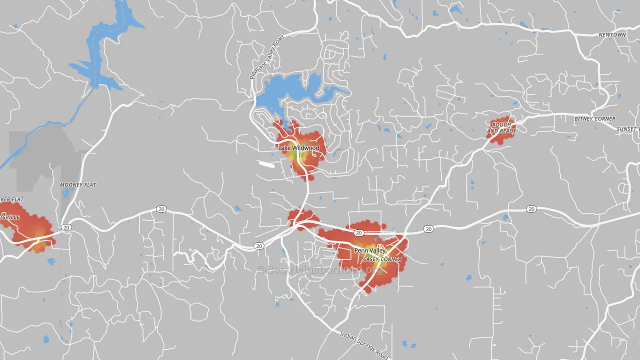 Walk Grade map of Penn Valley, CA, walkable areas in green and car-dependent areas in red