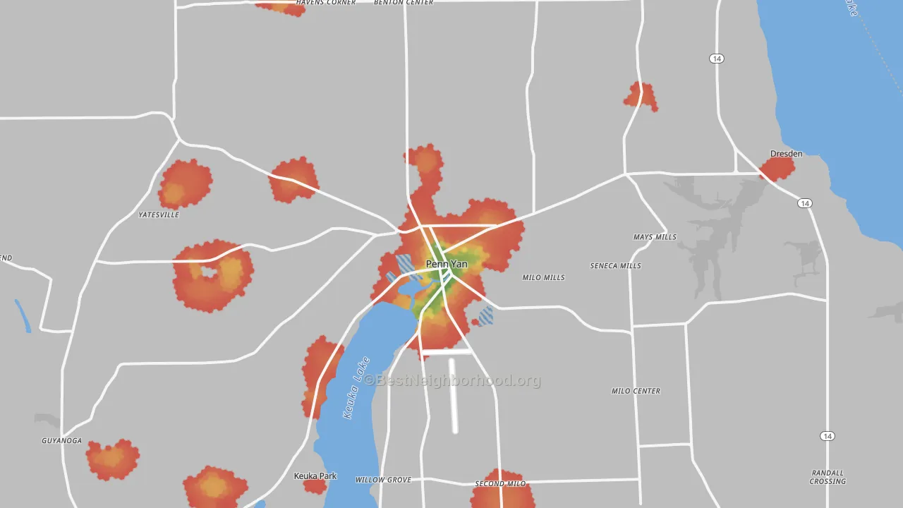 Walk Grade map of Penn Yan, NY, walkable areas in green and car-dependent areas in red