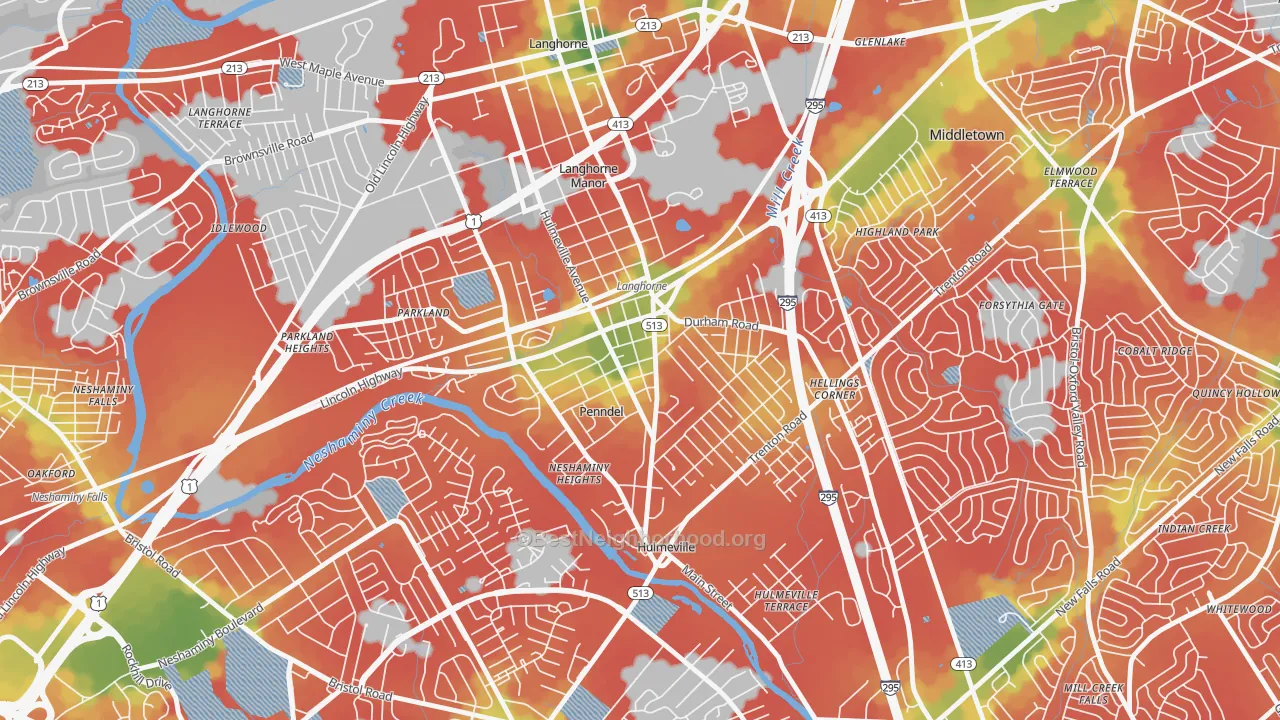 Walk Grade map of Penndel, PA, walkable areas in green and car-dependent areas in red
