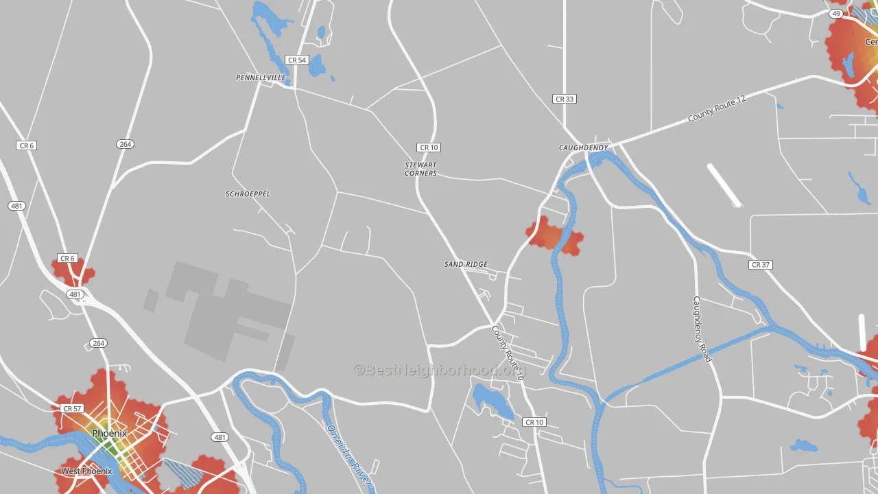 Walk Grade map of Pennellville, NY, walkable areas in green and car-dependent areas in red