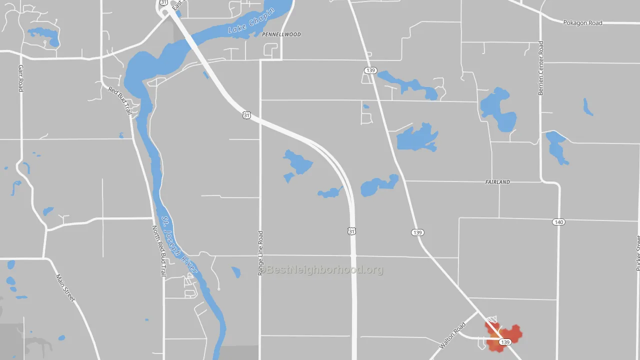 Walk Grade map of Pennellwood, MI, walkable areas in green and car-dependent areas in red