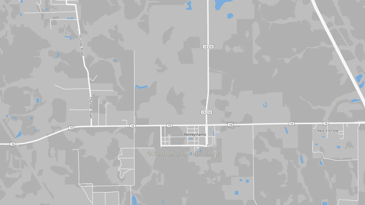 Walk Grade map of Penney Farms, FL, walkable areas in green and car-dependent areas in red