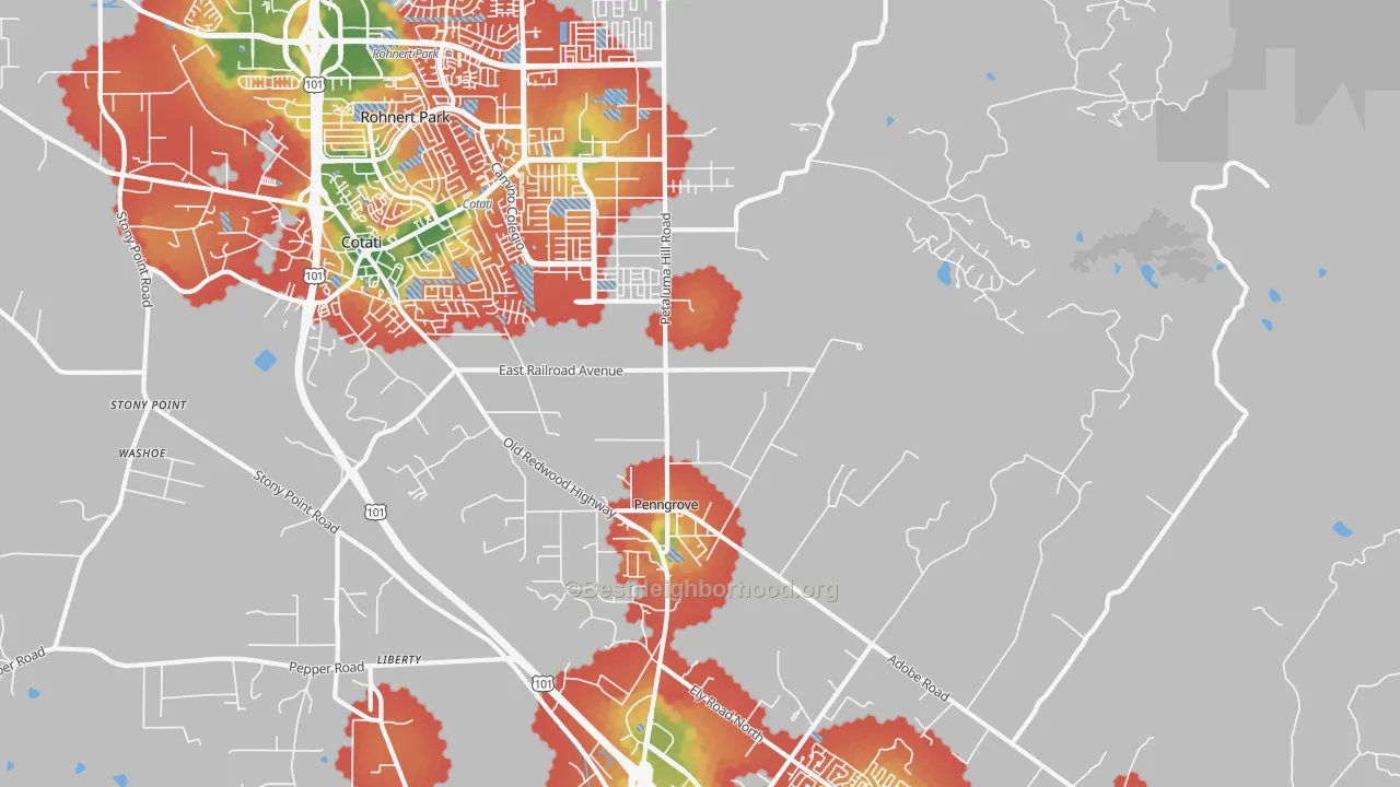 Walk Grade map of Penngrove, CA, walkable areas in green and car-dependent areas in red