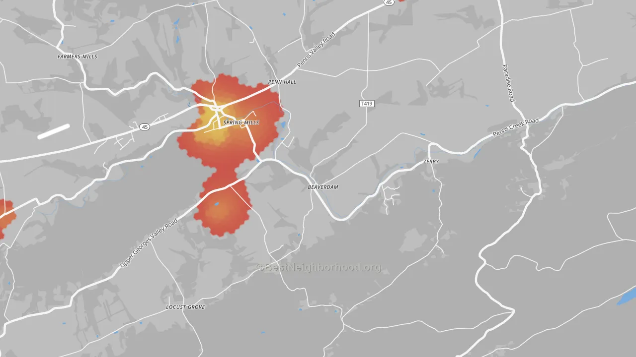 Walk Grade map of Pennhall, PA, walkable areas in green and car-dependent areas in red