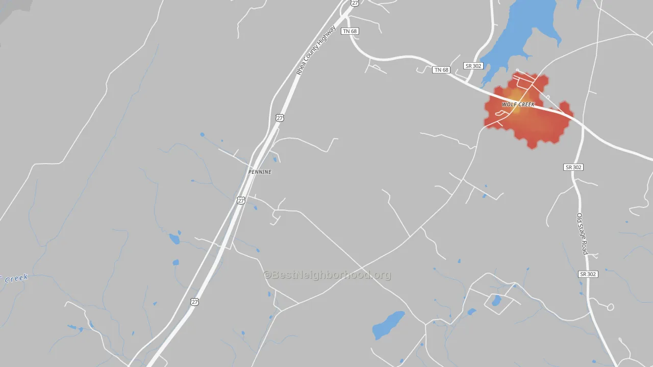 Walk Grade map of Pennine, TN, walkable areas in green and car-dependent areas in red