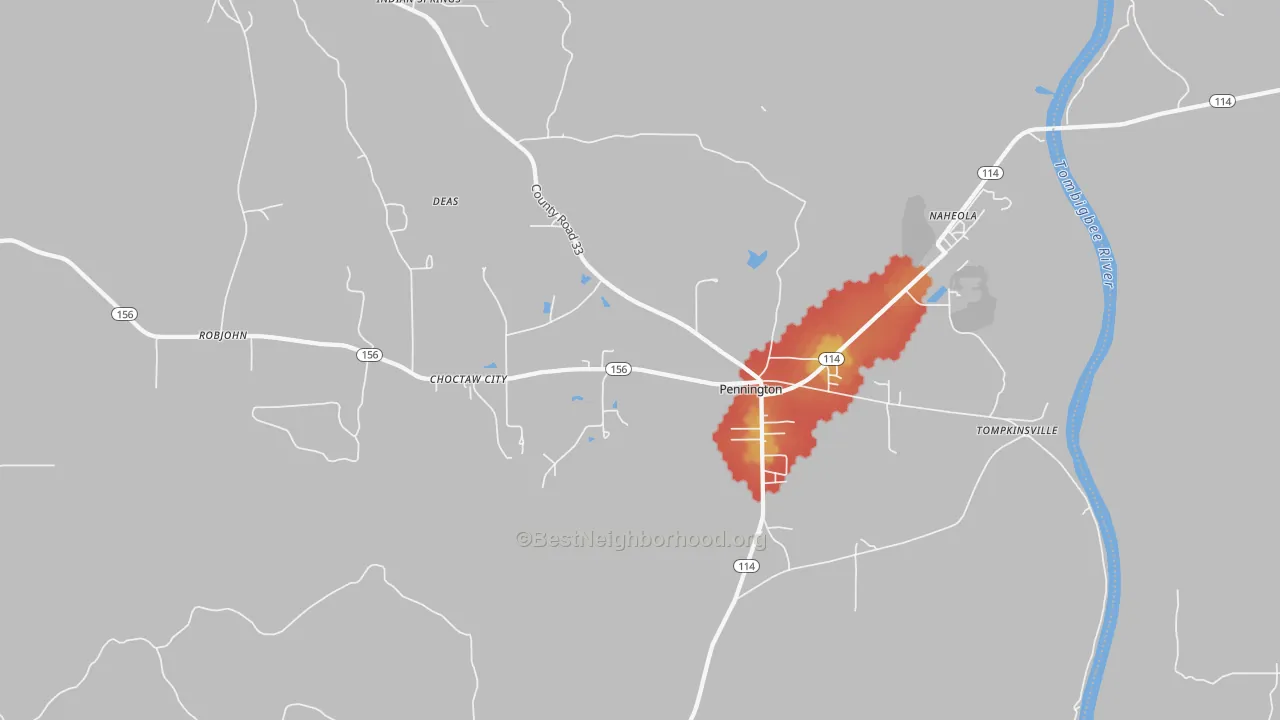 Walk Grade map of Pennington, AL, walkable areas in green and car-dependent areas in red