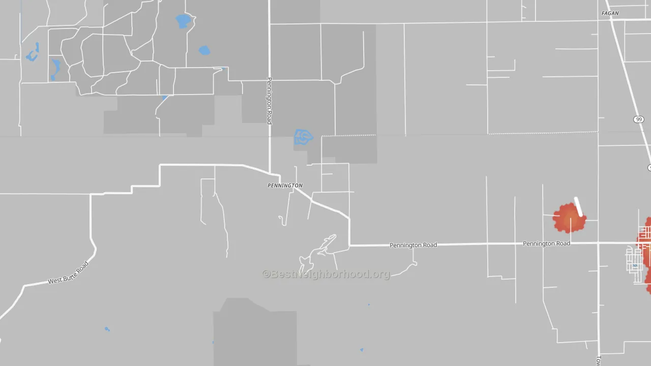 Walk Grade map of Pennington, CA, walkable areas in green and car-dependent areas in red