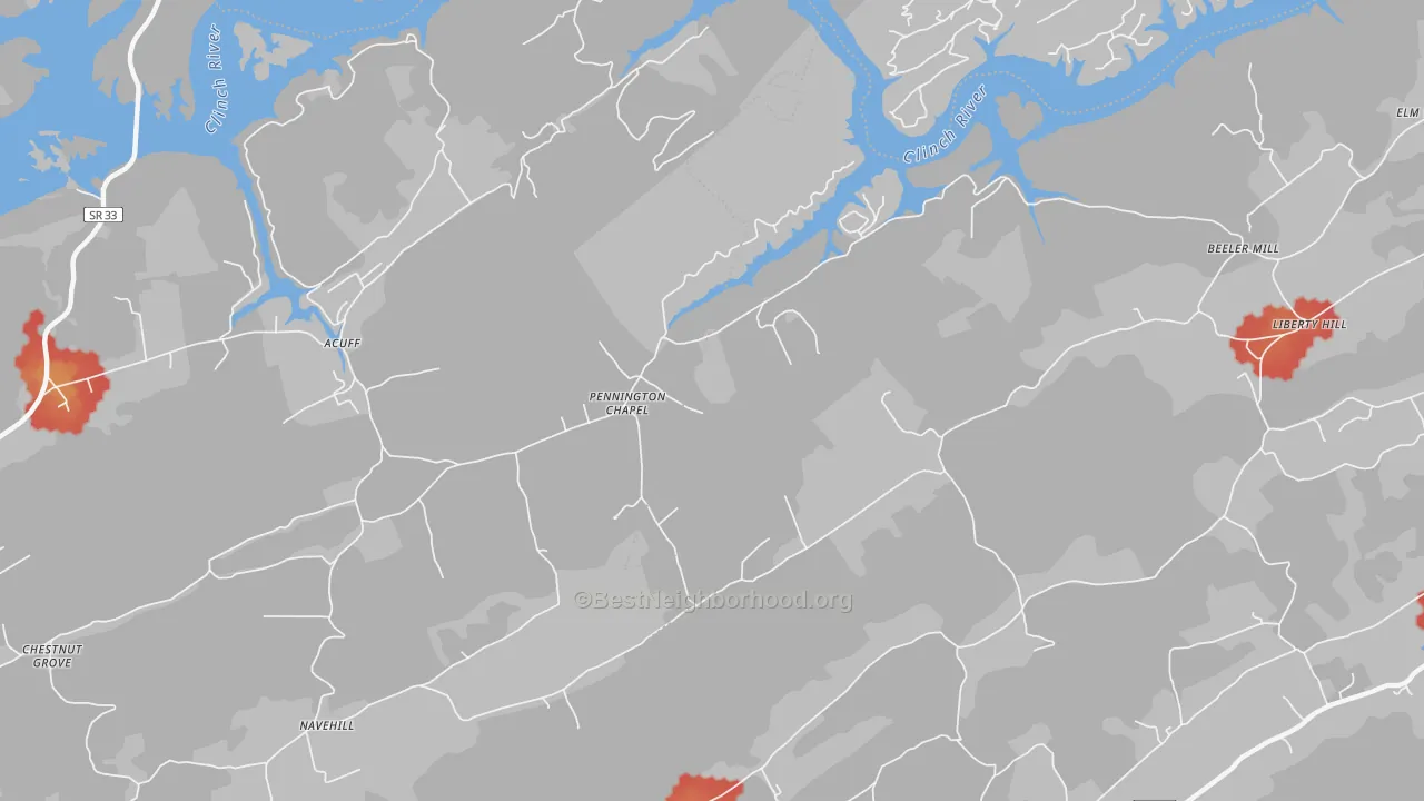 Walk Grade map of Pennington Chapel, TN, walkable areas in green and car-dependent areas in red