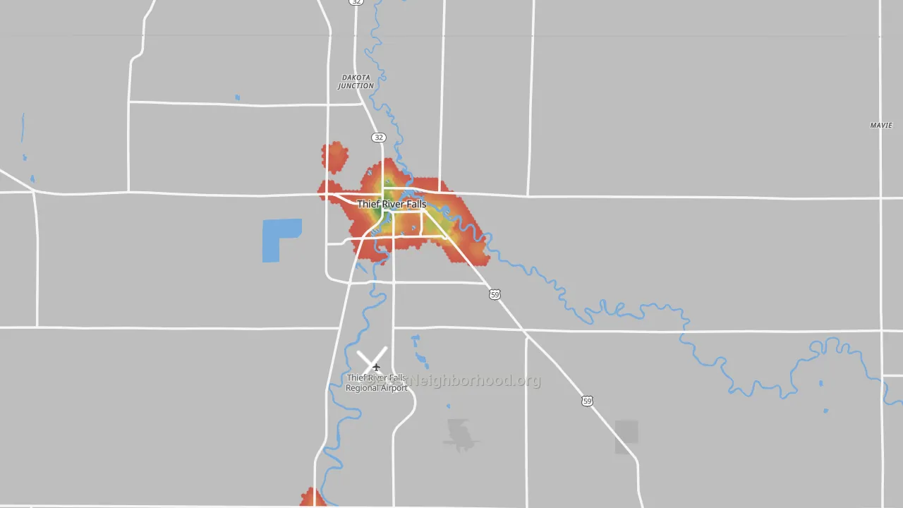 Walk Grade map of Pennington County, MN, walkable areas in green and car-dependent areas in red
