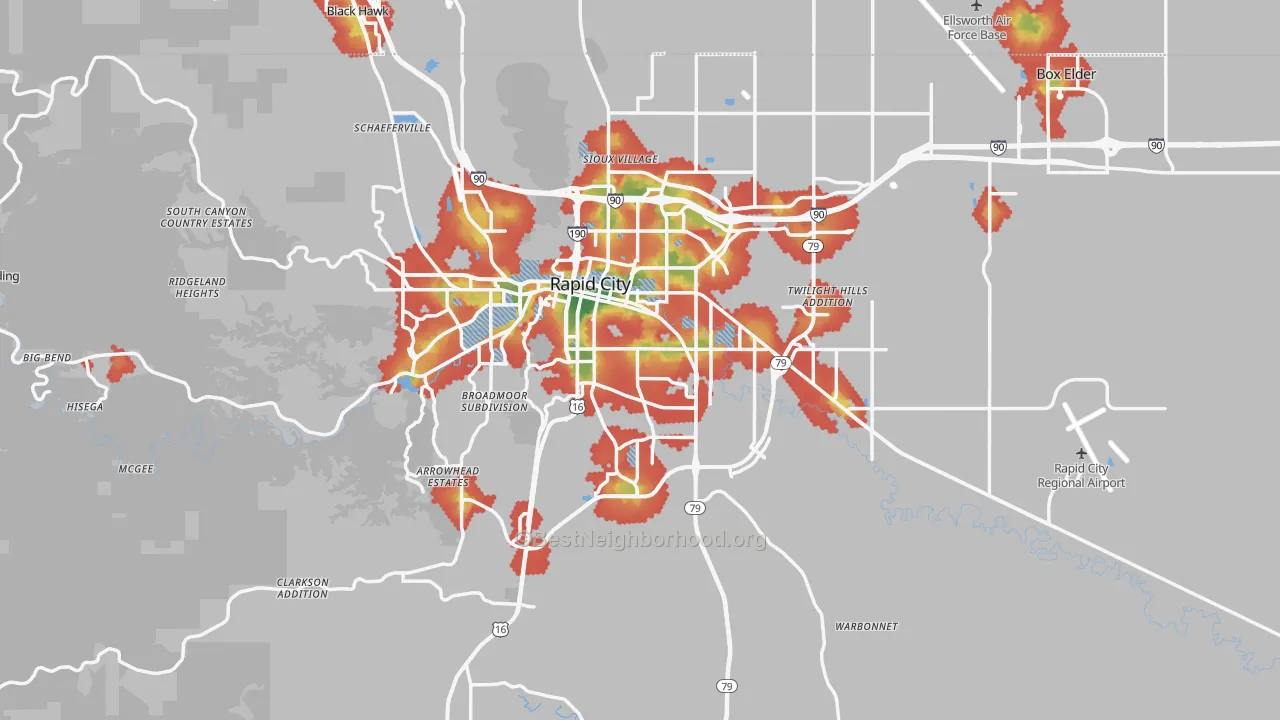 Walk Grade map of Pennington County, SD, walkable areas in green and car-dependent areas in red