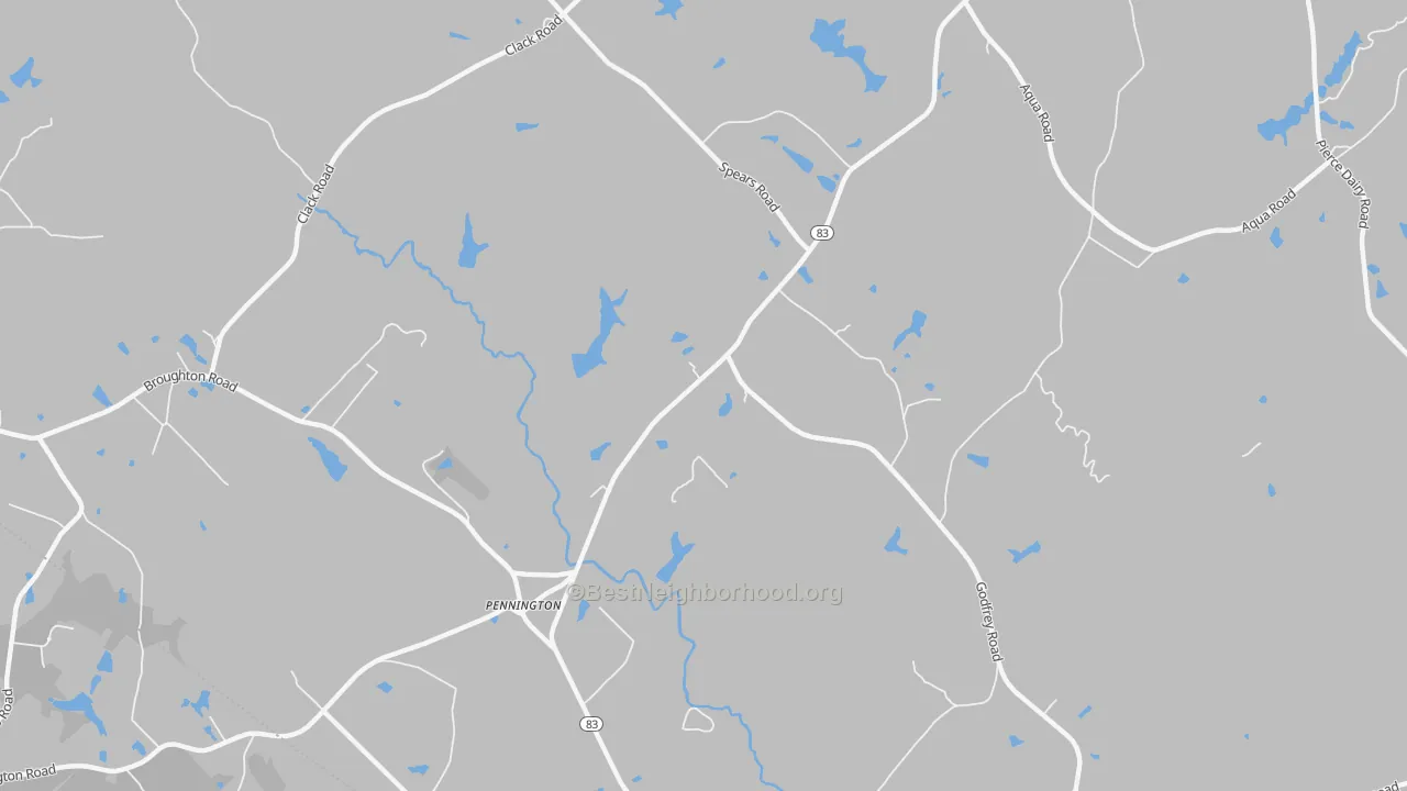 Walk Grade map of Pennington, GA, walkable areas in green and car-dependent areas in red
