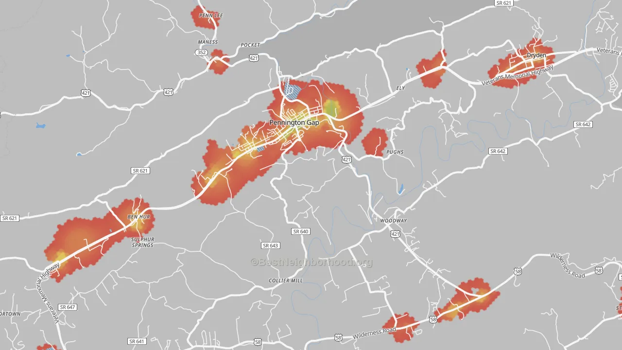 Walk Grade map of Pennington Gap, VA, walkable areas in green and car-dependent areas in red