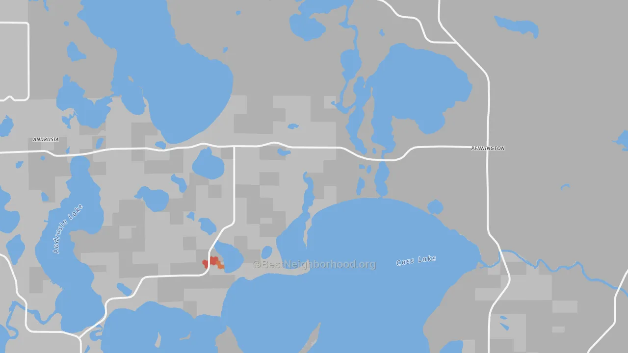 Walk Grade map of Pennington, MN, walkable areas in green and car-dependent areas in red