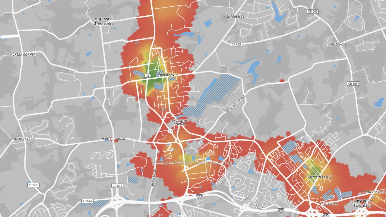 Walk Grade map of Pennington, NJ, walkable areas in green and car-dependent areas in red