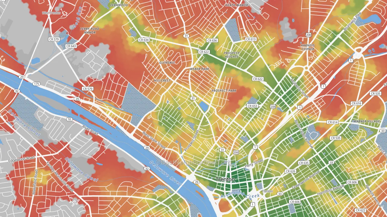Walk Grade map of Pennington-Prospect, Trenton, NJ, walkable areas in green and car-dependent areas in red