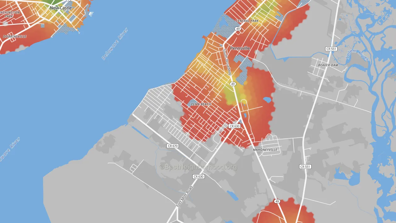 Walk Grade map of Penns Beach, Pennsville, NJ, walkable areas in green and car-dependent areas in red