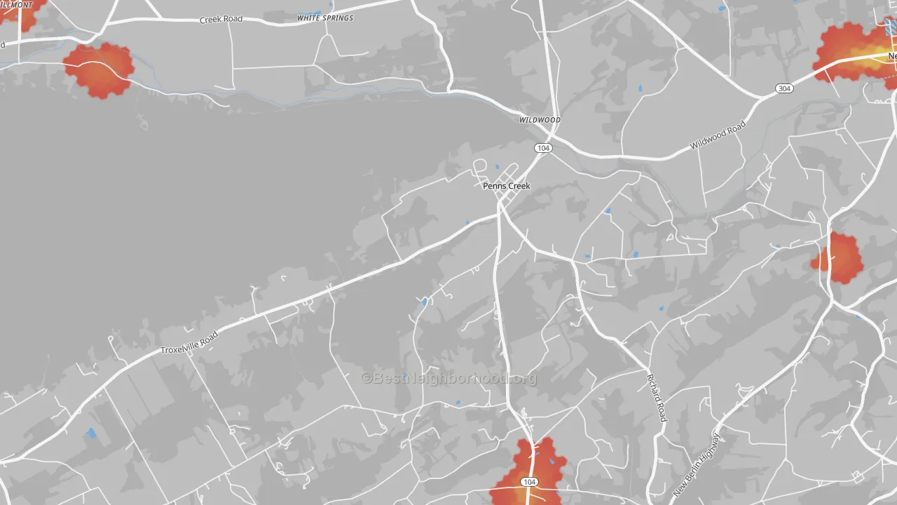 Walk Grade map of Penns Creek, PA, walkable areas in green and car-dependent areas in red