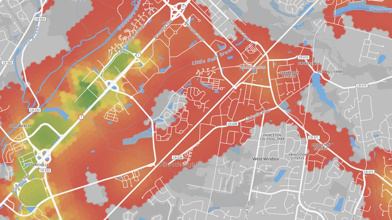Walk Grade map of Penns Neck, NJ, walkable areas in green and car-dependent areas in red