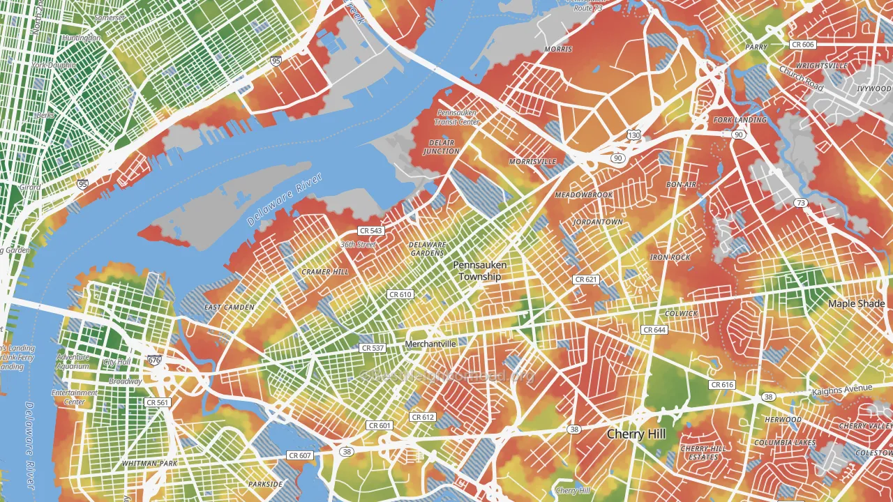 Walk Grade map of Pennsauken, NJ, walkable areas in green and car-dependent areas in red