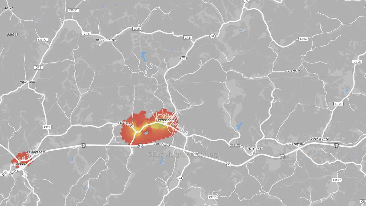 Walk Grade map of Pennsboro, WV, walkable areas in green and car-dependent areas in red