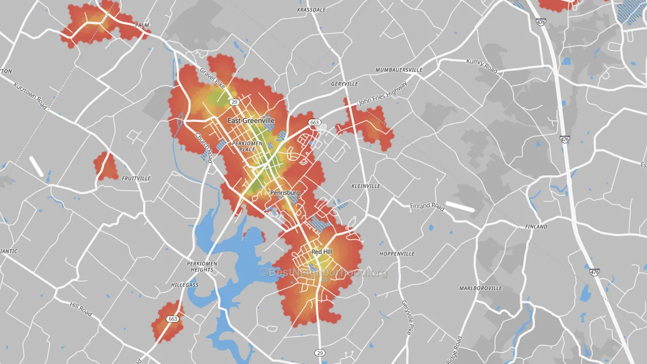 Walk Grade map of Pennsburg, PA, walkable areas in green and car-dependent areas in red