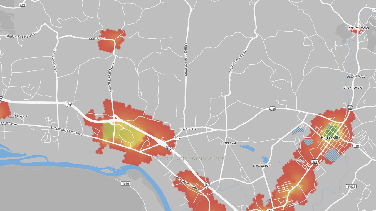 Walk Grade map of Pennsdale, PA, walkable areas in green and car-dependent areas in red