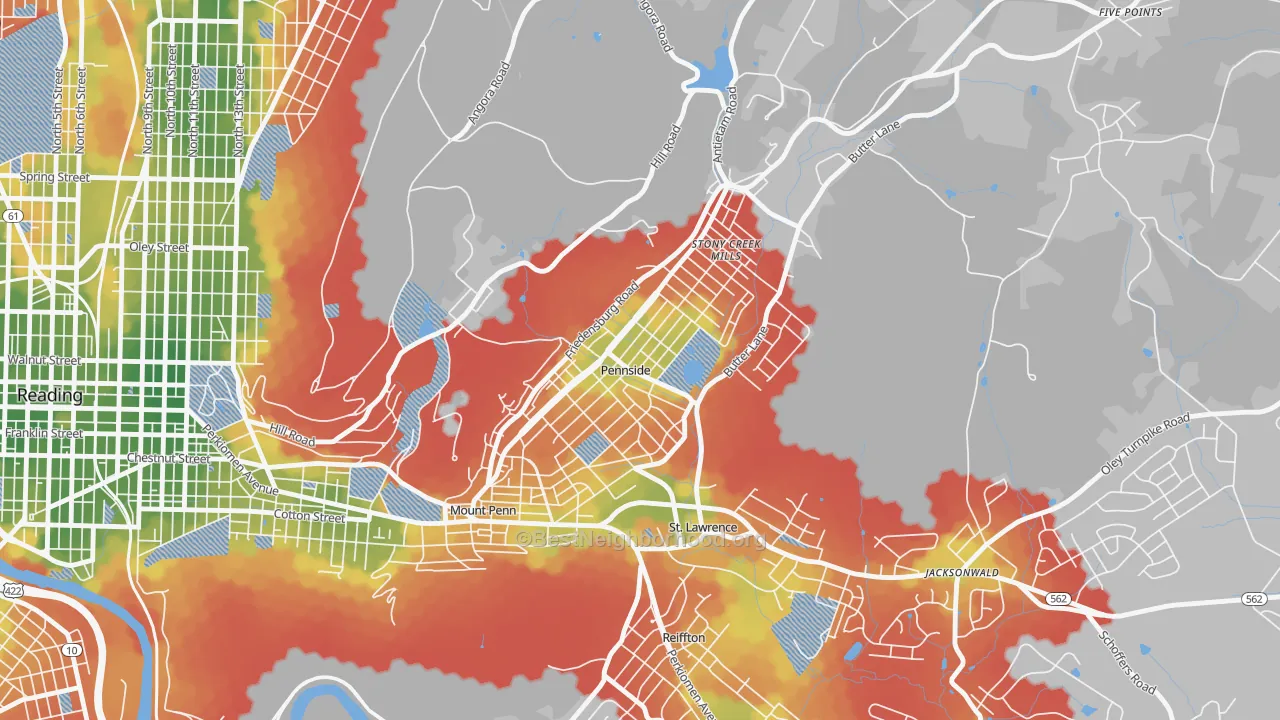Walk Grade map of Pennside, PA, walkable areas in green and car-dependent areas in red