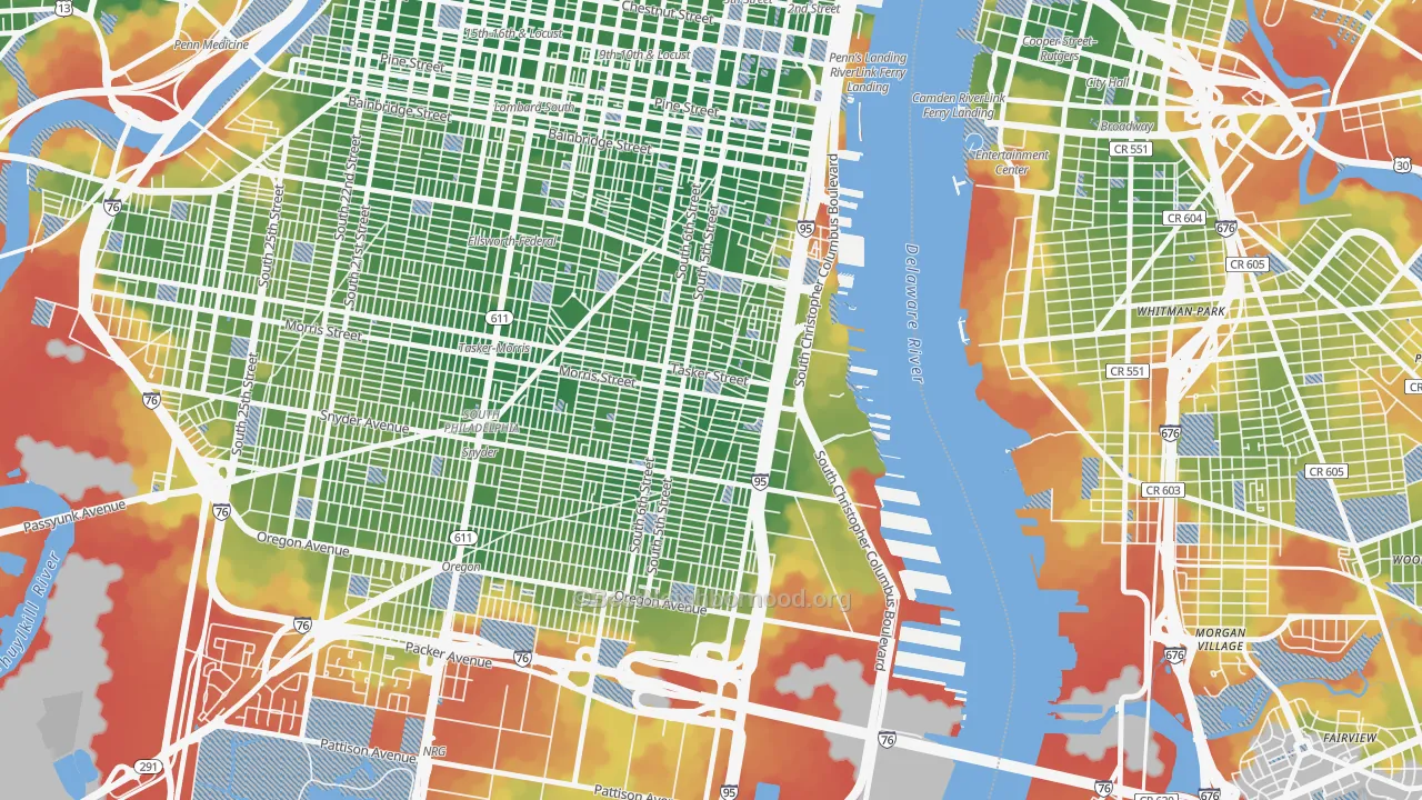 Walk Grade map of Pennsport-Whitman-Queen, Philadelphia, PA, walkable areas in green and car-dependent areas in red
